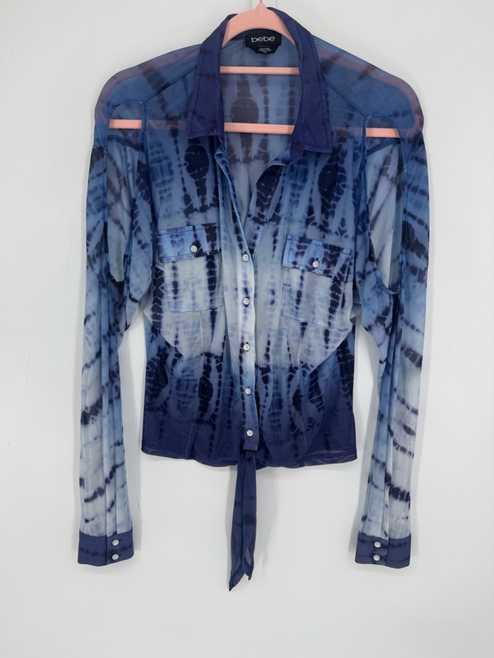 bebe Women's Blue Tie-Dye Sheer Y2K Top Tie Hem + Shoulder Cut Outs Size Medium